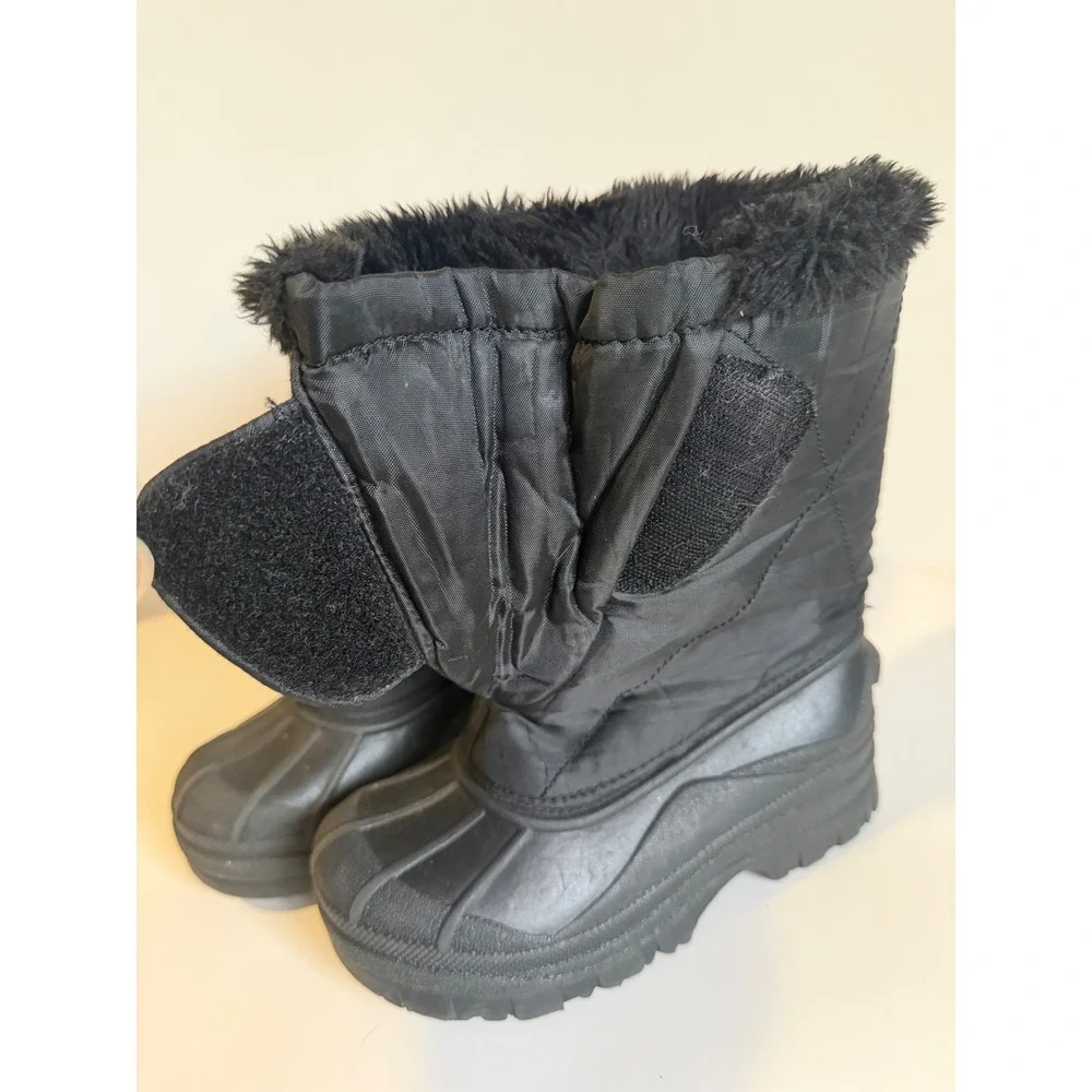Kids Black Quilted Snow Boots Size 13 Faux Fur Trim Hook Loop Closure Outdoor
